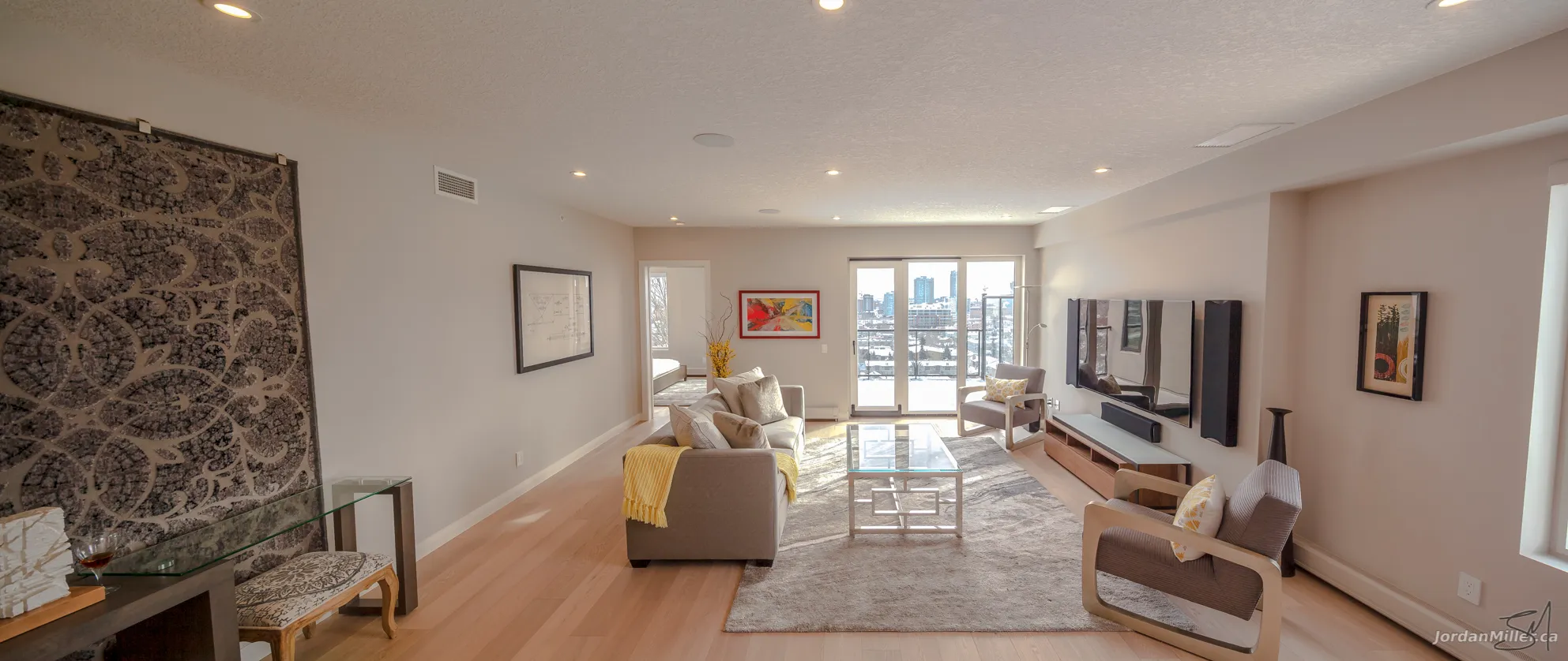 Open living space with hardwood floors